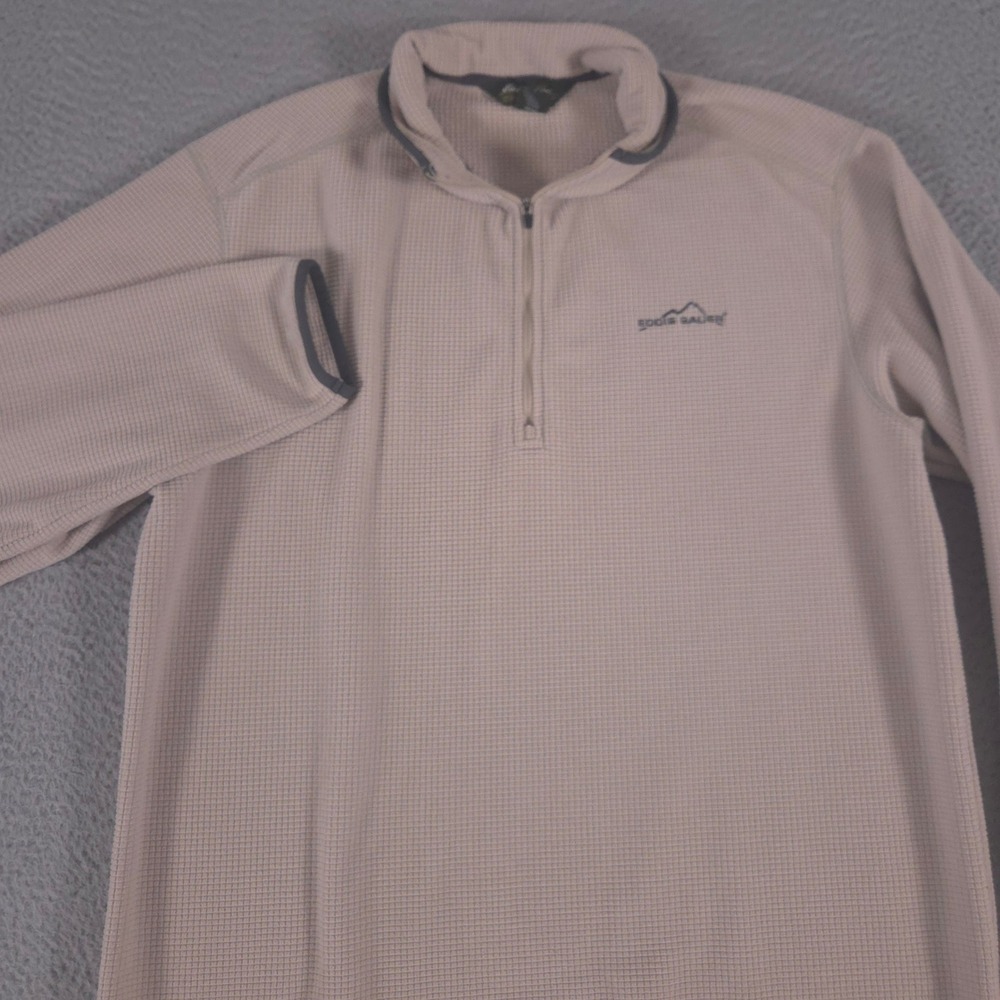 VINTAGE Eddie Bauer Pullover Mens Large Tall Tan Waffle Grid‎ Fleece 1/4 Zip Y2K